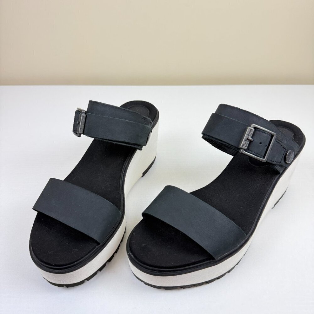 Timberland Koralyn Two-Band Wedge Platform Sandals Black Nubuck Leather